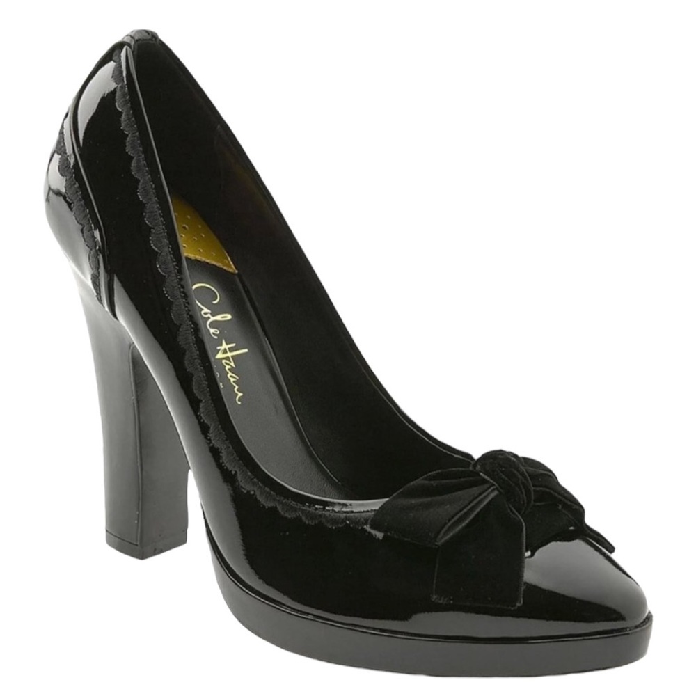 COLE HAAN COLLECTION ANABEL D21110 PATENT LEATHER BLACK VELVET BOW PUMP HEELS